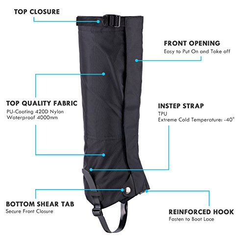 Qshare Leg Gaiters for Boots - Waterproof Hiking Climbing Hunting Snow High Leg Gaiters(Men and Women) (Black, Black-S)