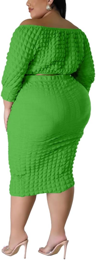 Women Plus Size 2 Piece Outfits Off Shoulder Dresses Set Sexy Crop Top Casual Bodycon Popcorn Midi Skirt Sets Vacation