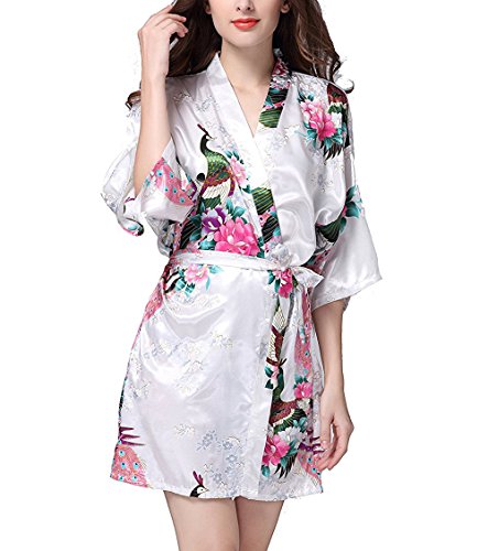 Hammia Mujer Vestido Kimono Corto Pijama Bata Satén Estampado Flores Ropa de Dormir 3/4 Manga con Cinturón Elegante Pijama