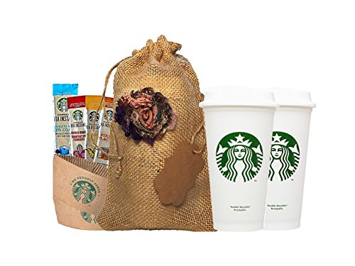 Starbucks Travel Coffee Reusable Recyclable Cups With Lids, Sleeves, Via Instant Coffee Sampler Gift Set Bundle With Burlap Bag, Rustic Gifts For Mom, Coffee Lovers, Birthdays, Anniversaries.