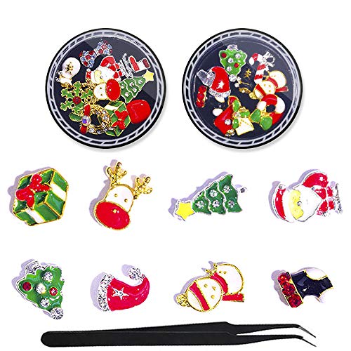 WOKOTO 20 Pcs Christmas 3D Metal Nail Art Studs Set Snowman Tree Nail Charm Nail Rivet Kit Manicure Jewelry With 1Pc Tweezers And Picker Pencil