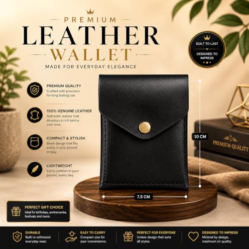 Image of WILDMAN Flip Genuine Leather Vertical Slim Wallet for Men and Women | Pull-String Quick Card Access | Compact Front Cash Pocket & Button Lock | Minimalist Travel & Daily Carry Wallet(Black)
