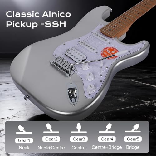 Image of Electric Guitar Kit -39in Solid Body Starter Guitar Kit with Metallic finish, Guitar Case, Amplifier Gig Bag, Strings, Strap, Cable, Picks M100S (Silver)