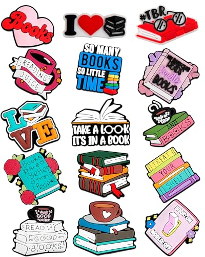 SAFITOYA Book Shoe Charms Decoration 15pcs Reading Shoe Charms for Clogs Sandals Bracelet Wristband Slippers Water Shoes PVC Shoes Decoration Accessories for Girls Boys Party Favor Gifts
