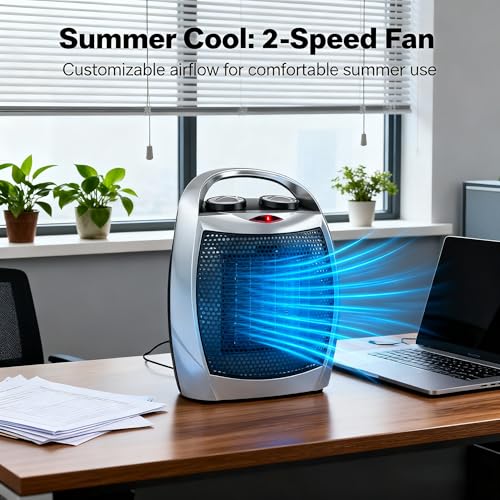Garvee Portable Electric Space Heater - 1500W/750W Thermostat, 2-in-1 Fast Heating Ceramic Desk Heater & Fan, Safe Quiet <45 dB for Office, Room, Under Desk Use, Tip-Over Overheat Protection, Silver by Garvee - Image 3