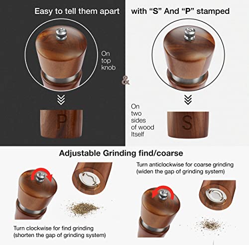 Wooden Salt And Pepper Grinder Set - Acacia Wood Pepper Mill & Salt Grinder With Adjustable Coarseness - Adding Wood Spoon And Cleaner Tool - Perfect Salt And Pepper Shakers Gift (8" Acacia) #TOP1