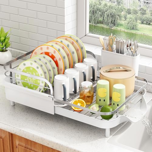 SAYZH Dish Drying Rack - Expandable Dish Rack for Kitchen Counter, Rust-Resistant Dish Drainer with Utensil Holder and Raised Guardrail, Kitchen Organizer for Cup and Bottle (White) by SAYZH - Used condition - US$34.29