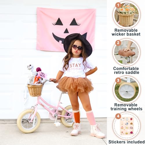 Image of Petimini Vintage Kids Bike for Girls, 12-20 Inch Classic Bicycle with Wicker Basket & Bell, High Tensile Steel Frame, Training Wheels (12-18 inch), 85% Pre-Assembled, Retro Bike for Outdoor Riding