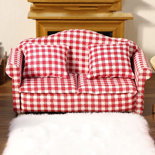 Cutemini DJ0048 Dollhouse Couch Miniature Sofa With Pillows Dollhouse Living Room Funiture 1:12 Scale Model 3 Pcs High Simulation Upholstered Wooden Fabric Armchair Mini Room Artificial House Scene Decoration thumb #1
