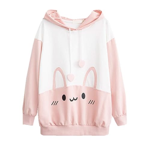 Packitcute Bunny Hoodie Kawaii Print Loose Casual Pullover Hoodie Tops - Large - Pink