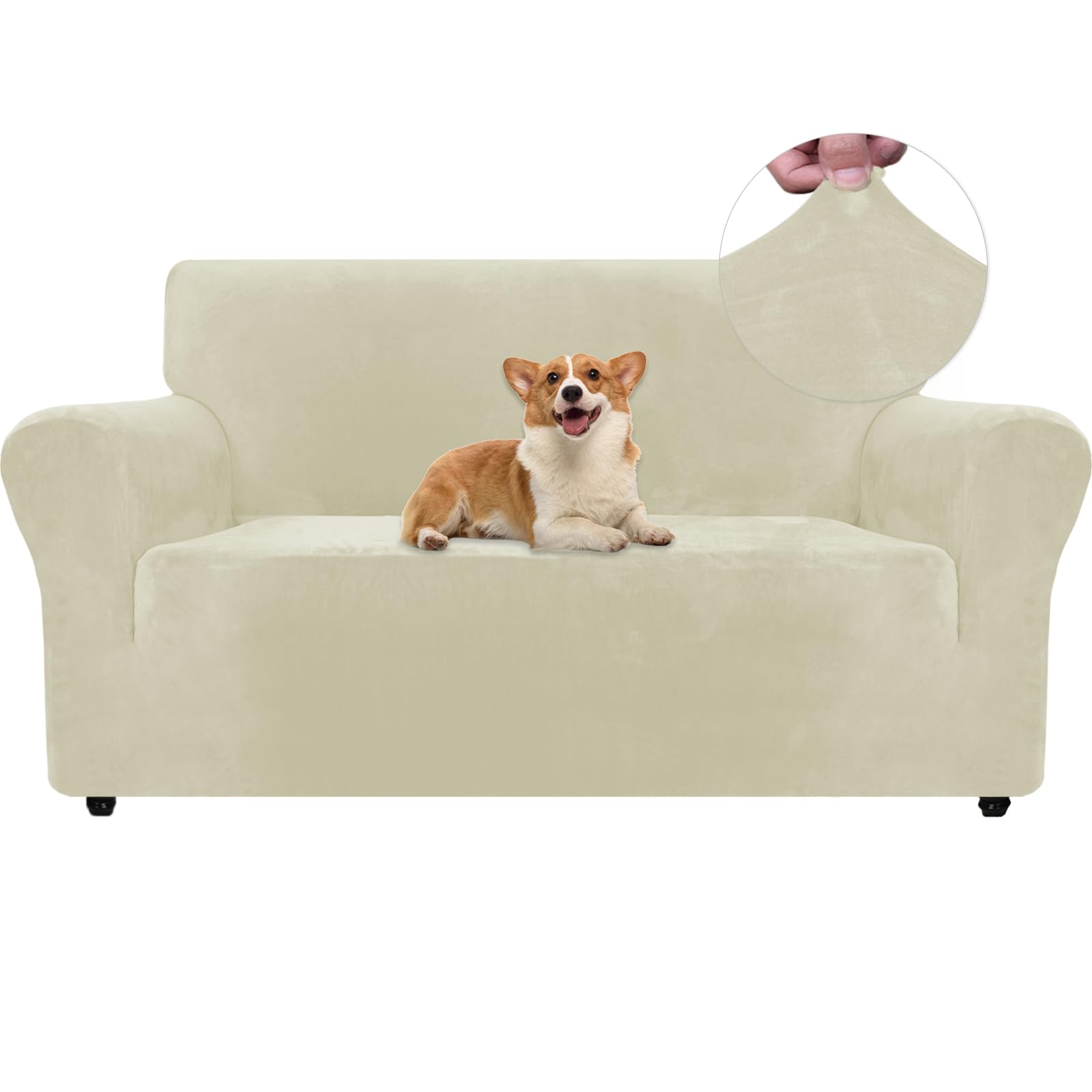 Ystyle Copridivano Velluto, Copri Divano 2 Posti Con Braccioli, Universale Sofa Cover Antigraffio Gatto Elasticizzato, Moderno Copripoltrona Antimacchia Lavabile Antiscivolo, Beige
