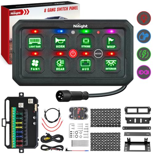 Image of Nilight 8 Gang Switch Panel Green 12V 24V Circuit Control System 4-Mode | Fuse Wiring Harness Automatic Dimmable LED Pod Toggle /Momentary /Strobe /Flash Modes for Car Pickup Truck Camper SUV