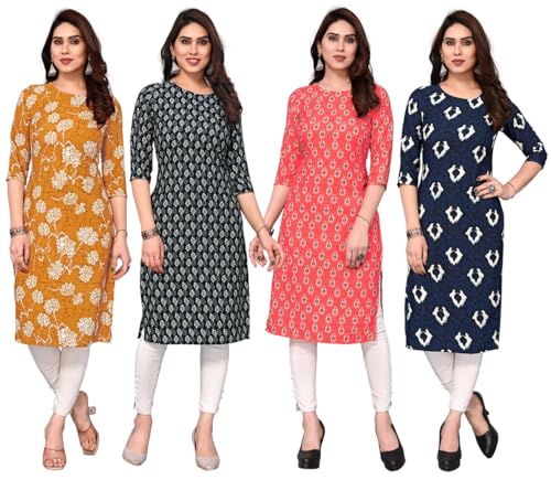Image of JAKHANA Women's Crepe Printed Casual Straight Calf Length Round Nick Kurta Pack of 4