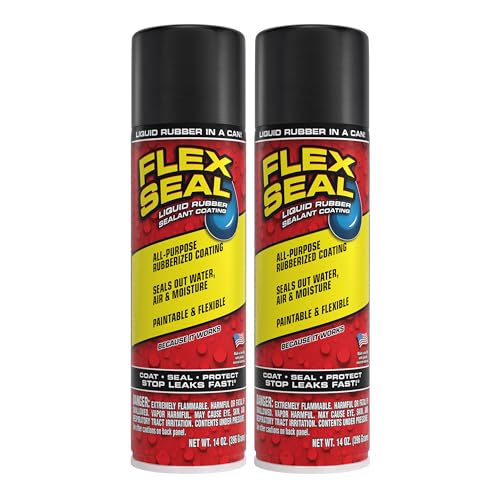 Flex Seal, 14 oz, 2-Pack, Black, Stop Leaks Instantly, Waterproof Rubber Spray On Sealant Coating, Perfect for Gutters, Wood, RV, Campers, Roof Repair, Skylights, Windows, and More