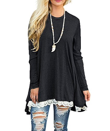 WEKILI Women's Tops Long Sleeve Lace Scoop Neck A-line Tunic Blouse Black XL/US 16-18