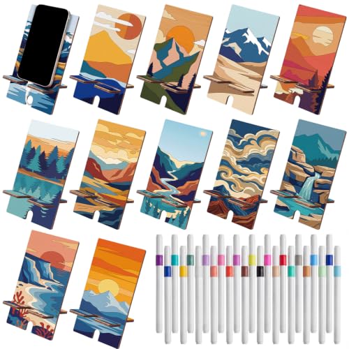 Kenning 12 Pcs Mountain Crafts Color Your Own Phone Holder DIY Mountain Cell Phone Stands Paint Your Own Unfinished Wooden Cellphone Holder to Paint with 24 Color Pens for Adults Handmade Project Gift