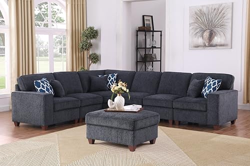Image of Ball & Cast 116 inch L-Shaped Sectional Couch with Movable Ottoman & 6 Throw Pillow,7 Seat Chenille Upholstered Sectional Sofa W /Wide Armrest,DIY Combination,Comfy Sectionals Set for Living Room,Dark Gray