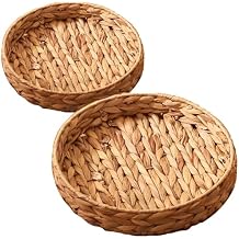 2Pcs Round Wicker Basket Tray, Large Woven Trays for Coffee Table Decor, Natural Water Hyacinth Serving Trays for Decor and Organization