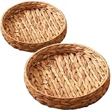 2Pcs Round Wicker Basket Tray, Large Woven Trays for Coffee Table Decor, Natural Water Hyacinth Serving Trays for Decor and Organization