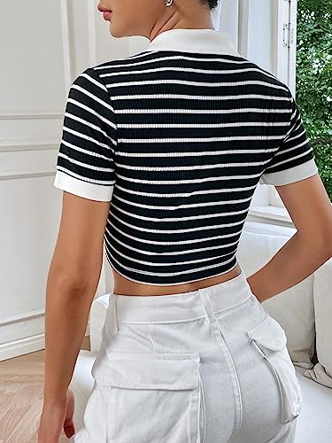 Image of Aahwan White Striped Slim Fit Crop Polo Collar Short Sleeve T-Shirt for Women's & Girl's