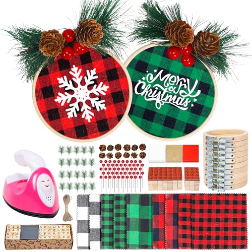 Caydo 111 Pieces Christmas Ornament Making Kit Including 3 Inch Embroidery Hoops, 5 Inch Squares Plaid Fabric and Pink Mini Heat Press for DIY Christmas Decoration