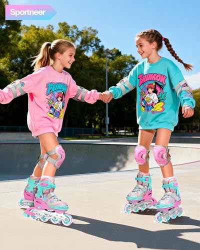 Sportneer Inline Roller Skates, Roller Boots Adjustable Size 2-7.5 with Illuminating Wheels Roller Blades Protective Gear Set for Gilrs Women