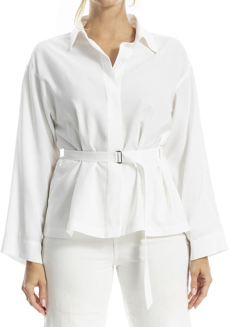 Max Studio Womens Solid Belted Button-Up Shirt, Xs, White