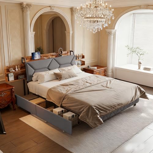 Bett 160x200, Polsterbett Doppelbett mit Type-C und USB, 4 Schubladen, Kopfteil mit Verstecken Stauraum, Bettgestell mit Lattenrost, Modern Jugendbett Erwachsenenbett, Grau, Leinen, Ohne Matratze