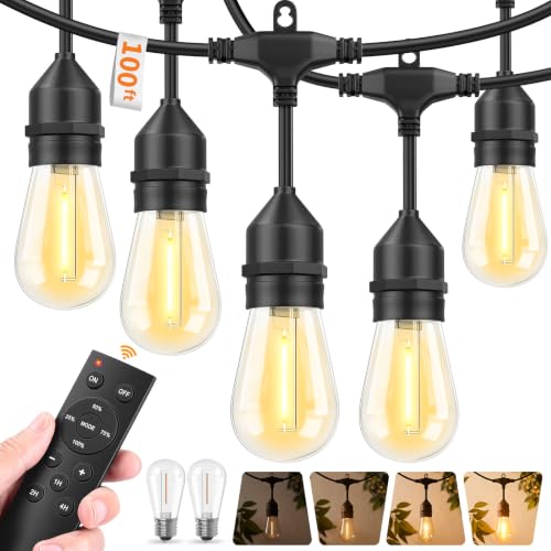 Hotsonic Remote Control Outdoor String Lights Waterproof, 100FT LED Outside Lights with Shatterproof Bulbs, Dimmable Hanging S14 Lights 3 Modes for Patio Porch Garden Pergola Yard House Party Decors by Hotsonic - Used condition - Image 9