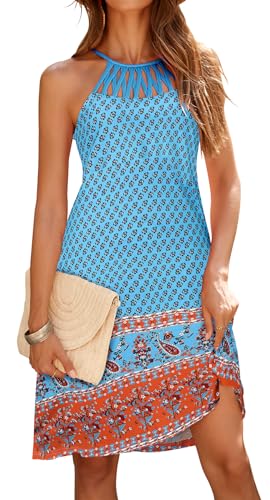 Bluetime Women's Sundress Boho Keen Length Halter Neck Sun Dresses for Women Summer(Neo Mint,XL)