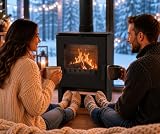 ALAZ K5S1 Kaminofen 5 kW Schwarz, Holzofen mit Schamott-Brennkammer, großem Sichtfenster und Aschefach, Scheitholzofen für Holzscheite bis 50 cm