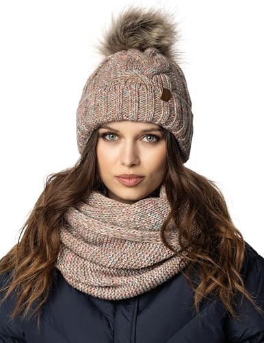 VIVISENCE Damen Bommelmütze Und Loop-Schal Mit Bommel Ideal Für Wintertage 7014, Braune Melange,Einheitsgröße