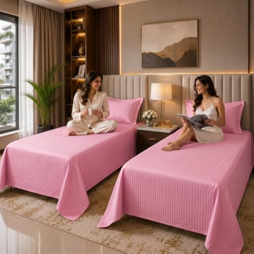 Image of Mafatlal 210 TC Italian Stripe Single Bedsheet Set with Pillow Cover (60 x 90 Inches) | 100% Cotton | Hotel Collection | Soft Breathable Flat Bed Sheet | Blush Pink