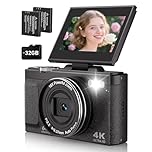 EJXHKNF 4K 64MP Digital Camera with Flip Screen, Retro Vlogging Cameras for YouTube, Compact Photography Camera Gift for Beginners & Teens, Travel Video Camera with 32G Card, 2 Batteries(Black)