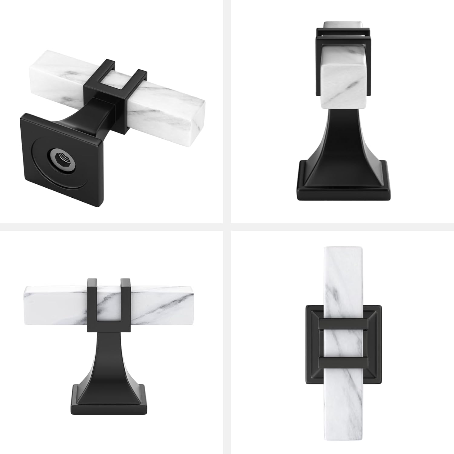 homdiy 25 Pack Black Cabinet Knobs, White Marble Grain Kitchen Cabinet Pulls Black T Bar Knobs, Square Dresser Drawer Pulls