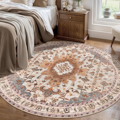 Image of Tangsoo Washable Round Area Rugs 5ft, Vintage Non Slip Circle Rug Low Pile