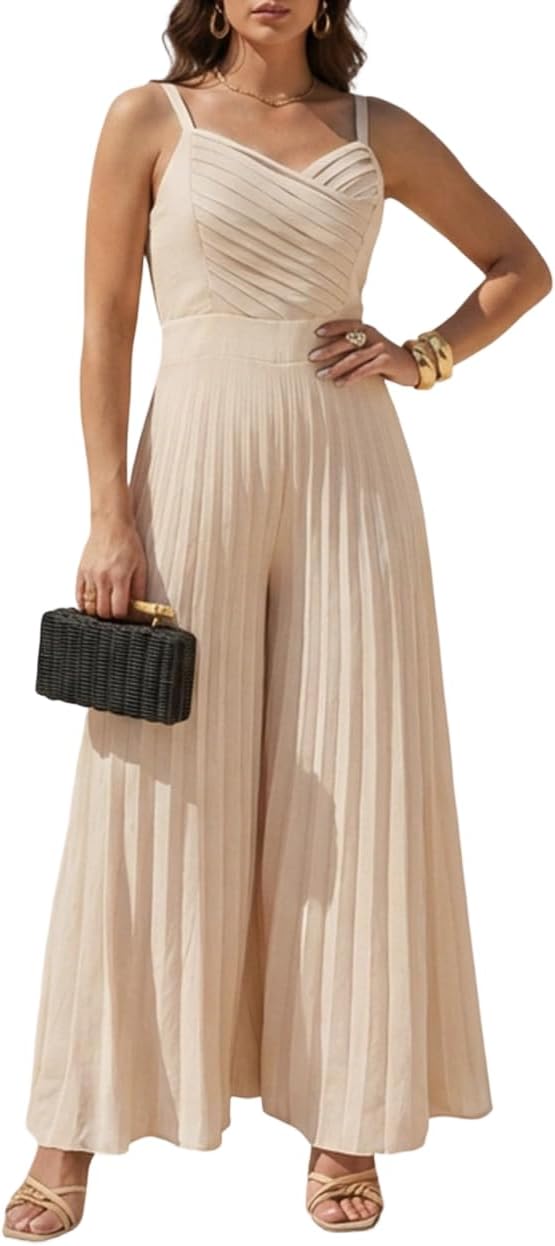 CHICME Flowy Pleated Jumpsuits for Women Smocked Sleeveless Spaghetti Strap Long Rompers Summer Wide Leg Jumpsuit