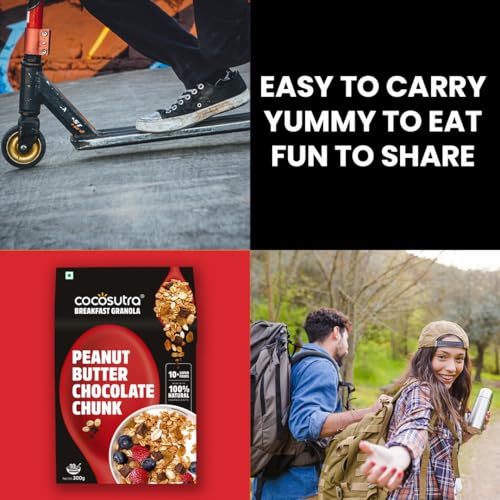 Image of Cocosutra Peanut Butter Chocolate Chunk Breakfast Granola - 300 g | Made with natural ingredients | High Protein Cereal with Oats, Nuts, Seeds & Dry Fruits | Lightly sweetened with Jaggery | High Protein Breakfast Cereal, Oats, Nuts, Seeds & Dry Fruits, 100% Natural, Vegan & Gluten Free, Jaggery Sweetened Crunchy