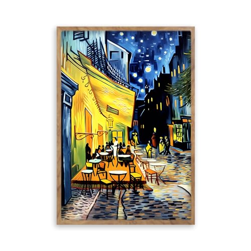 阪画屋 ゴッホ 「夜のカフェテラス」風 アートパネル アートボード ポスター 玄関 壁画 壁掛け 壁飾り 部屋飾り 飾り絵 絵 絵画 油絵 ソファの背景画 インテリア 現代 モダン フレーム 額付き 木枠付きの完成品 木目調 キャンバス 風水 風景画 プレ
