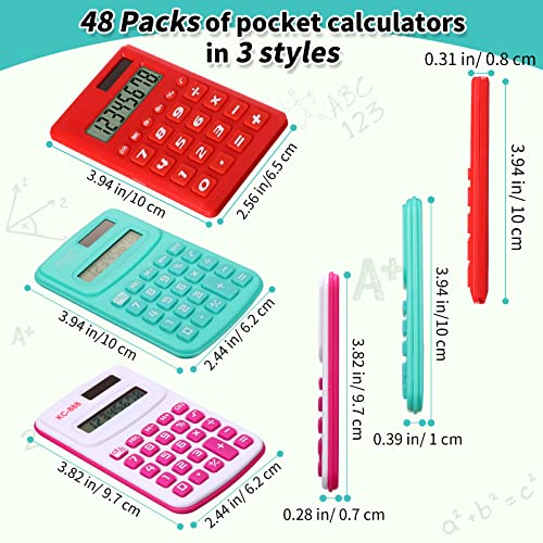 48 Pcs Pocket Calculator Small Basic Standard Battery Powered Calculator Mini Colored 8 Digit Handheld 4 Function Calculator For Students Kids School Teacher Desktop Home Office, 3 Designs #TOP1