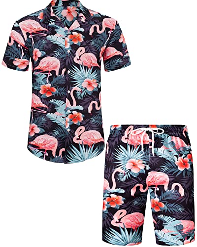 GZYWLKJ Set di camicia hawaiana da uomo e pantaloncini, vestibilità regolare, a maniche corte, casual, stravagante, da spiaggia, fenicottero, Fenicottero nero scuro, S