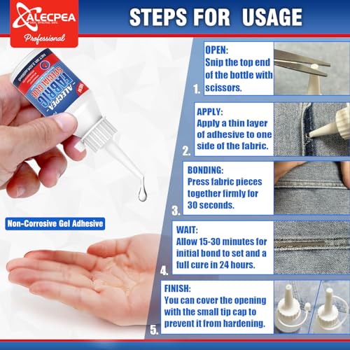 ALECPEA 60ML Fabric Glue for Clothing Permanent Washable 100% Waterproof, No Sew Solution, Washer/Dryer Safe