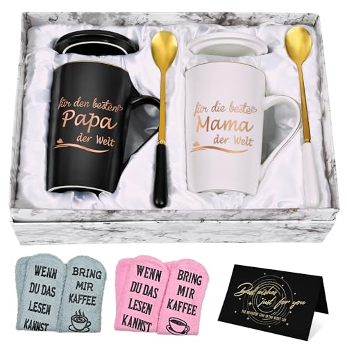 Joymaking Kaffeetasse Geschenkset mit Socke, Tasse Geschenk für die Beste Mama & Papa der Welt zum Muttertag Vatertag Weihnachten, Personalisierte Geschenkidee für Eltern 400ml Schwarz und Weiß