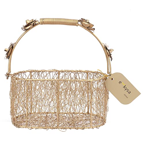 Image of metal meshwire multipurpose hamper Fancy Basket /Tray /Platter with handles for Packing, Gifting, Decoration - Golden (8 * 4 * 4 inch)