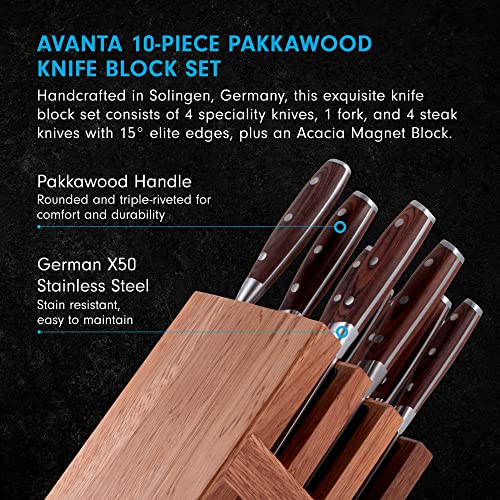 Messermeister Avanta 10-Piece Pakkawood Knife Block Set - German X50 Stainless Steel - Includes 4 Speciality Knives, Heavy-Weight Fork, 4 Steak Knives & Magnetic Knife Block #TOP1