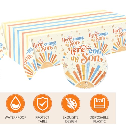 Image of Here Comes The Son Baby Shower Decorations,Boho First Trip Around The Sun Party Supplies,Disposable Dessert Plate,Napkin,Tablecloth for It's A Boy Gender Reveal,Sun You Are My Sunshine Baby Shower
