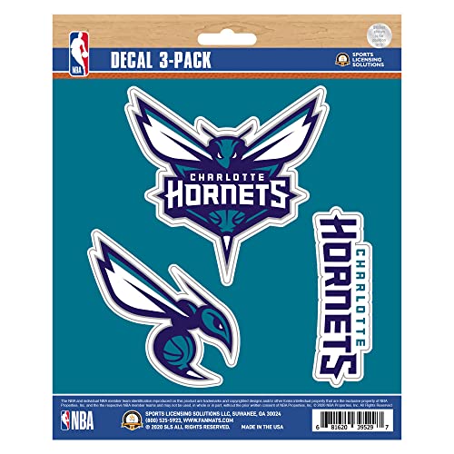 FANMATS 63293 NBA - Charlotte Hornets 3 Piece Decal Sticker Set Great Gift for Sports Fans - Works On Hard Surfaces - for Homes, Cars, Trucks, SUVs.