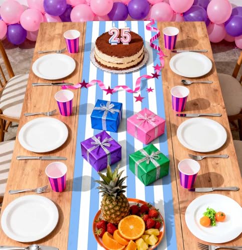 AVXINSOK 12 Pcs Striped Table Runner Plastic 14 x 108 Inch Disposable Light Blue and White Runner for Table Wedding Baby Shower Birthday Tabletop Centerpieces Decorations Striped Table Runners by AVXINSOK - Used condition - Image 7
