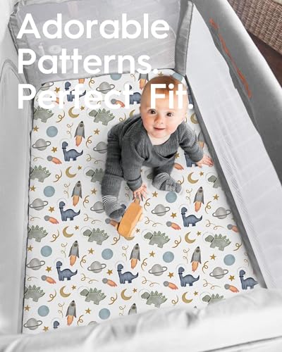 Image of Graco Pack and Play Sheets Fitted, TotBasic Ultra Soft Mini Crib Sheets Boy, Neutral Pack N Play Mattress Sheets Hypoallergenic and Soothing, Premium Jersey Playrad Sheets, 2 Pack (Dino Space)