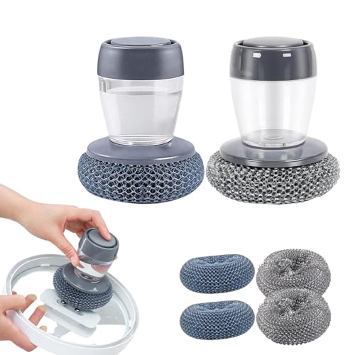 Comfort Grip Soap Dispensing Kitchen Scrub, Automatic Liquid Pot Brush with Soap Dispenser, Ergonomic Soap Dispensing Dish Brush with 4 Replacement Cleaning Balls (2 Handles + 4 Refills)